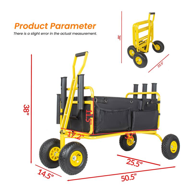 Beach Cart Collapsible Wagon 9.85"All-Terrain Wheels,Heavy Duty Garden Cart with Rod Holders,Umbrella Holder and Storage Pockets