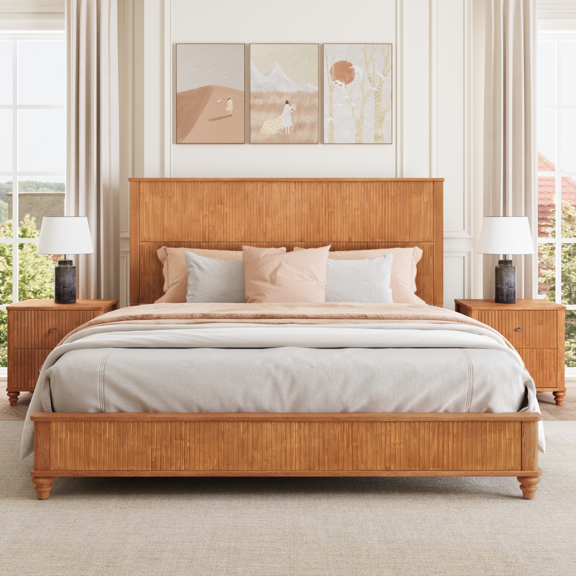 Natural King Platform Bed Frame with Tall Headboard