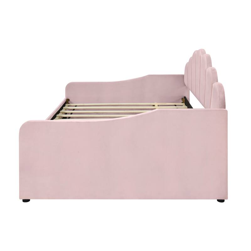 Pink Full Size Velvet Upholstered Daybed with Trundle and Shaped Backrest