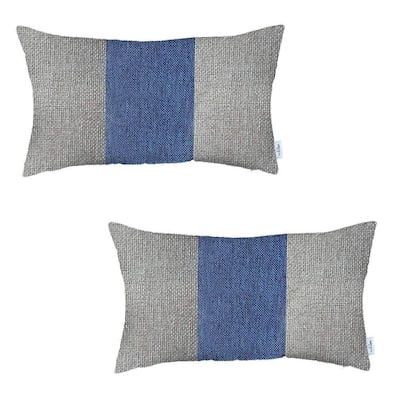 HomeRoots Set Of Two 20" X 12" Grey And Blue Geometric Zippered Handmade Polyester Lumbar Pillow