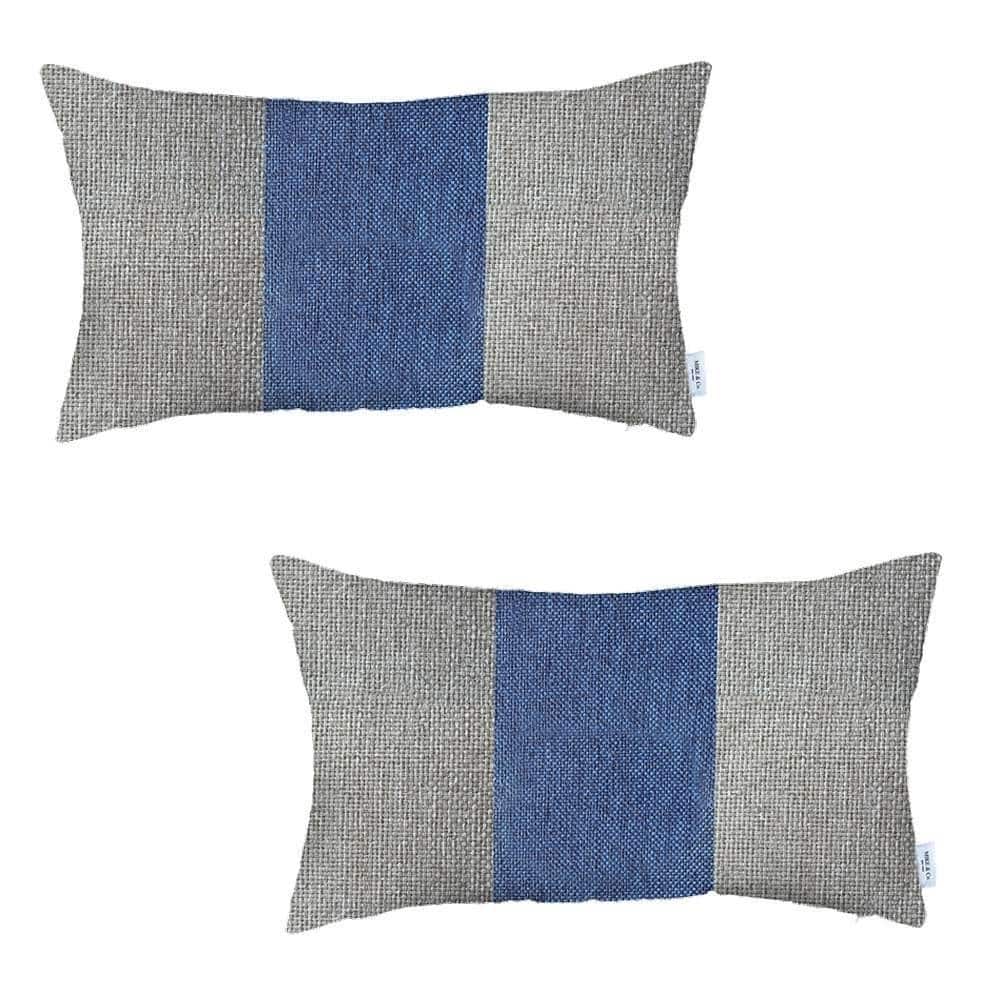 HomeRoots Set Of Two 20" X 12" Grey And Blue Geometric Zippered Handmade Polyester Lumbar Pillow