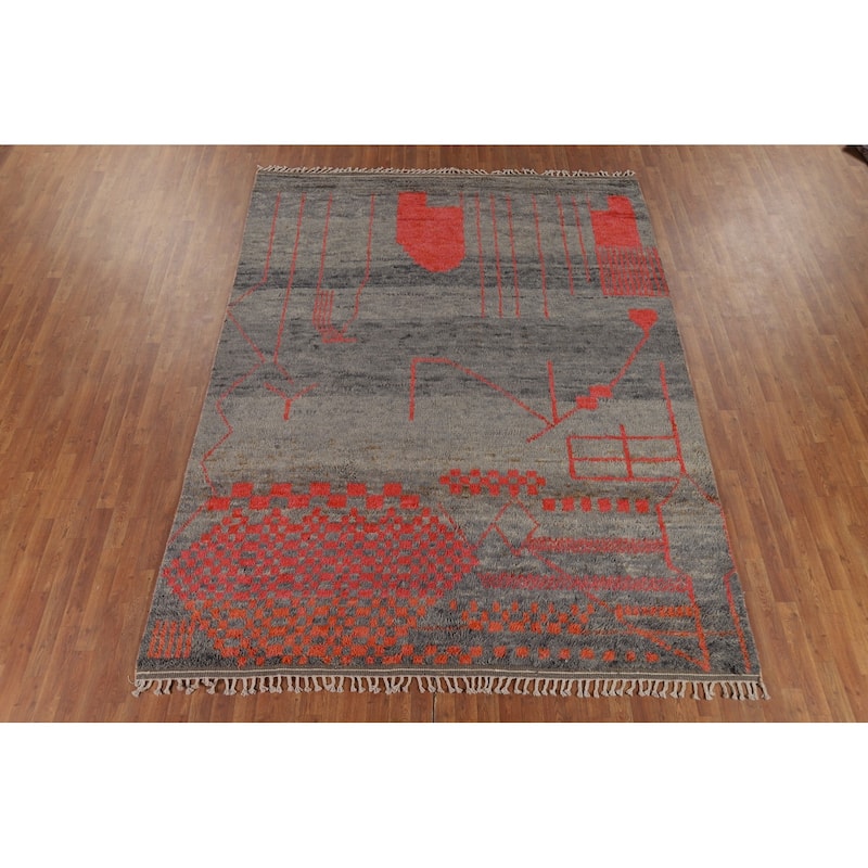 Moroccan Oriental Area Rug Hand-Knotted Grey Wool Carpet - 8'0" x 10'7"