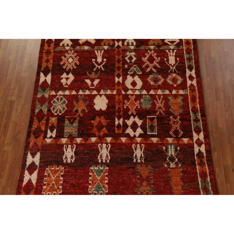 Red Tribal Geometric Moroccan Area Rug Hand-knotted Wool Carpet - 6'8" x 9'6"