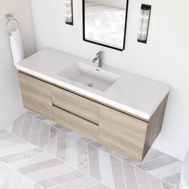 Modern Wall-Mounted Bathroom Vanity with White Solid Surface Top