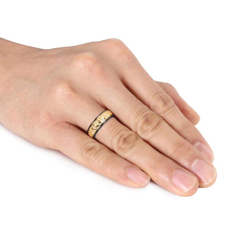 Miadora Ribbed Design Mens Ring in Sterling Silver Black and Yellow