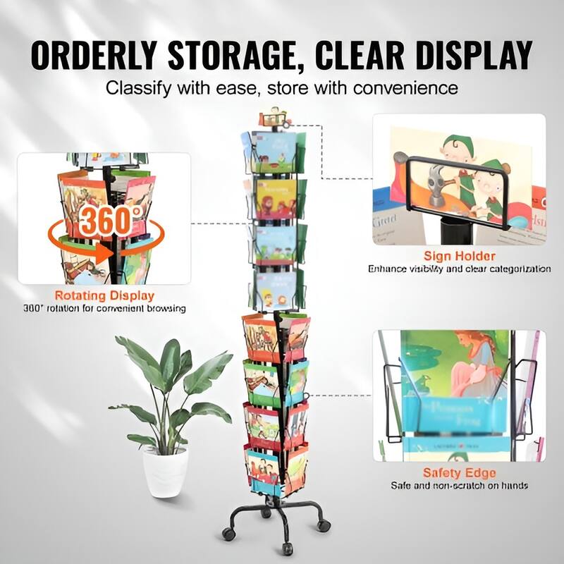 Rotating Greeting Card Display Rack with 32 Pockets & Wheels - 17.72 x 17.72 x 75.98 in