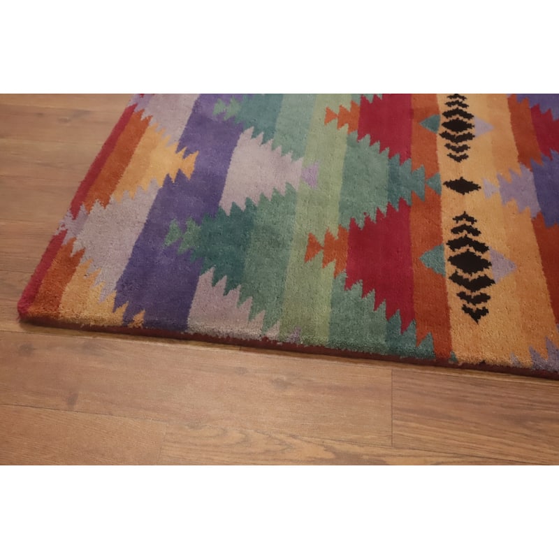 Hand-knotted Tribal Wool Purples Geometric Oriental Area Rug - 9' 2'' X 5' 10''