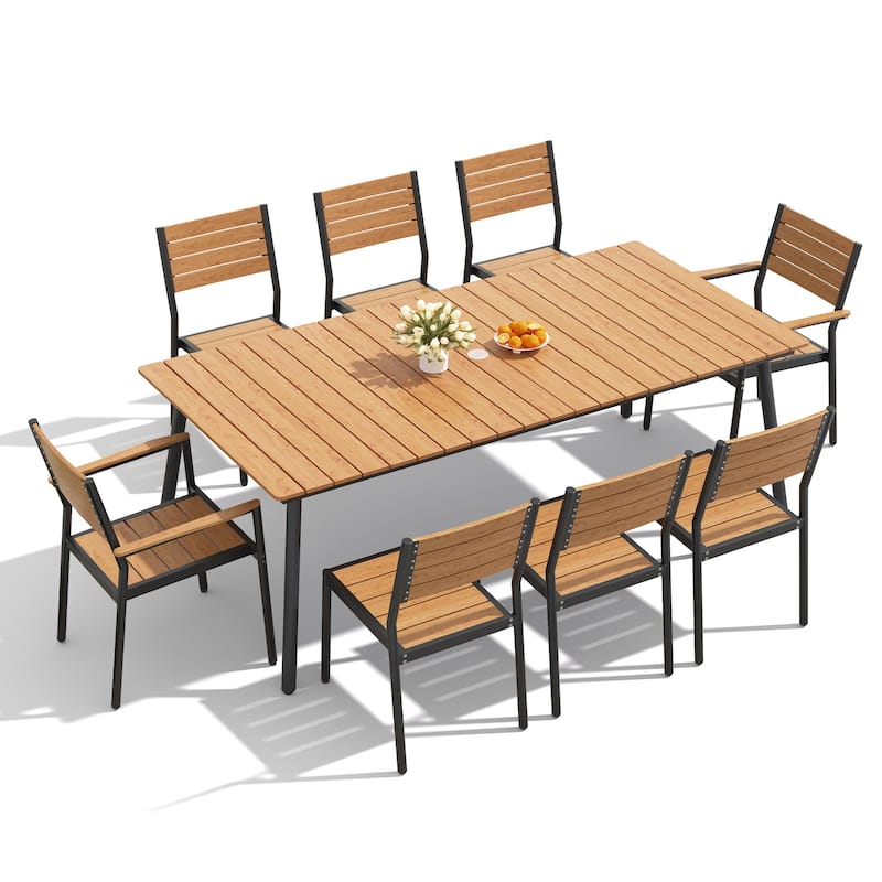 9-Piece Outdoor Patio Dining Set Alumium Umbrella Hole Table with Stackable Chairs