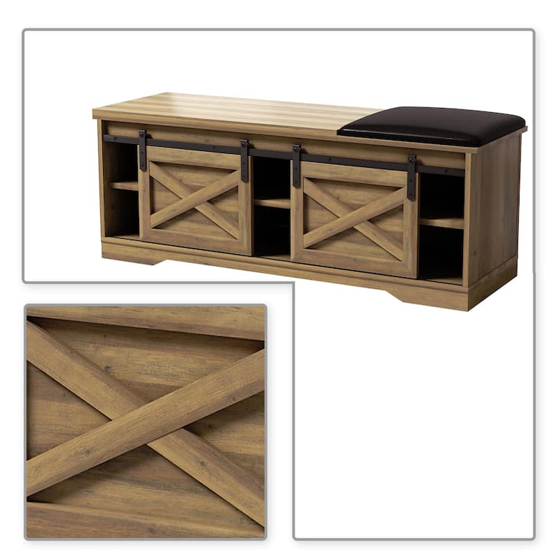 Vintage Farmhouse Style Wooden Storage Bench with Sliding Doors