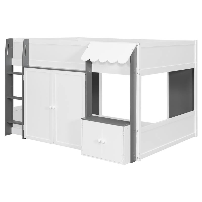 Roomfitters Full Loft House Bed with Playhouse and Storage Cabinets, Modern Wood Cabin Sleeper