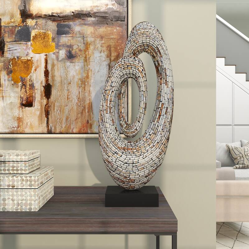 Mother of Pearl Shell Abstract Swirl Decorative Sculpture with Black Base - Gray or White - Roche River Decor