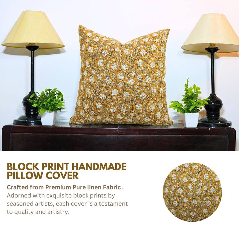 Fabdivine Brown Cozy Plush Hand Block Floral Pure Linen Pillow Cover