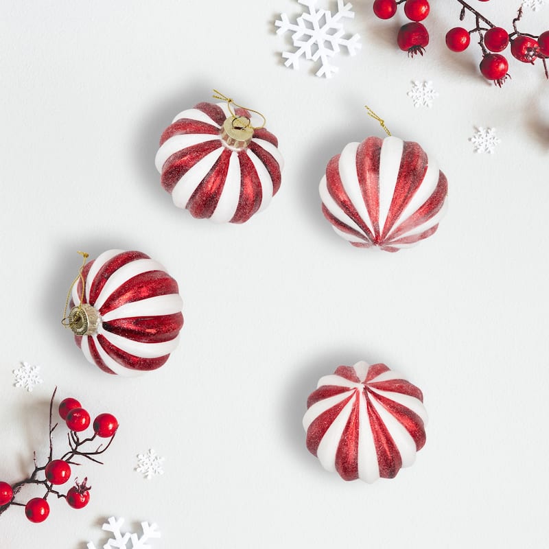 4Ct Red White Glittered Candy Cane Onion Glass Christmas Ornaments 3"
