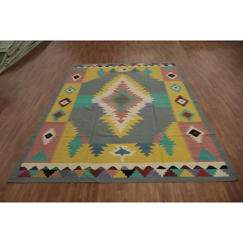 Hand Woven Oriental 100% Wool Carpet Southwestern Tribal Greys & Charcoal Kilim Area Rug - 11' 10'' X 8' 10''