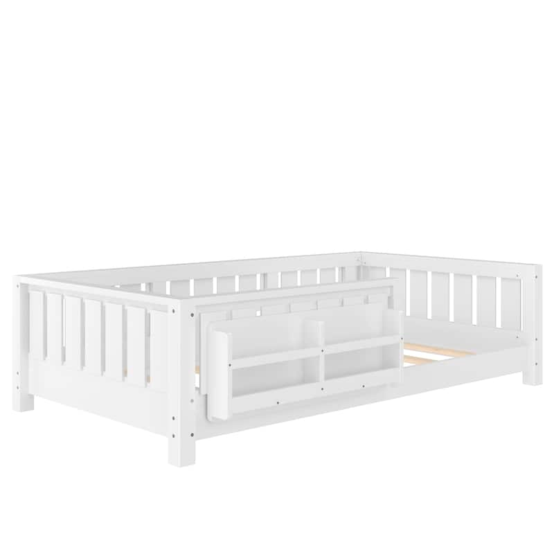 Low Profile Montessori Bed Floor Platform Bed with Fence and Bookshelf