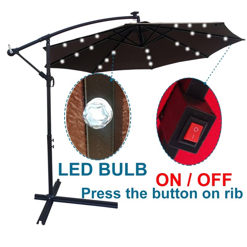 Outdoor Patio Umbrella Solar Powered LED Lighted Sun Shade Market Waterproof 8 Ribs Umbrella with Crank and Cross Base