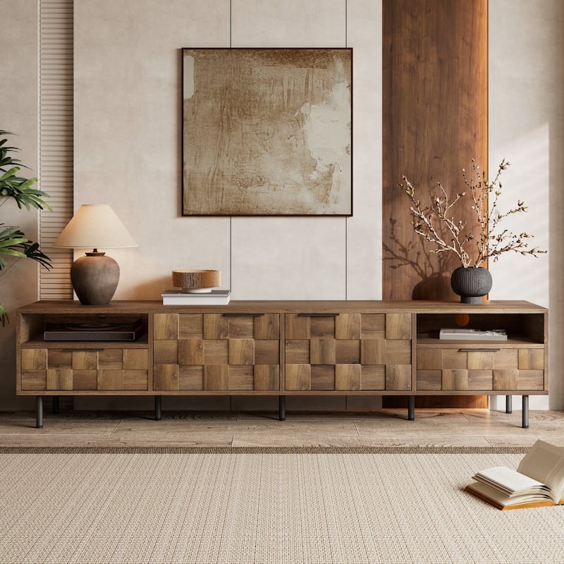 Mid-Century Modern TV Stand Media Console, Entertainment Center with 2 Drawers, Storage Cabinets, Open Shelves for TVs up to 85"