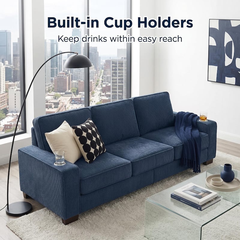 83.8'' Corduroy 3-Seat Sofa with Cup Holders, Modern Upholstered Couch, Compressed Living Room Sofa for Apartment Home Office