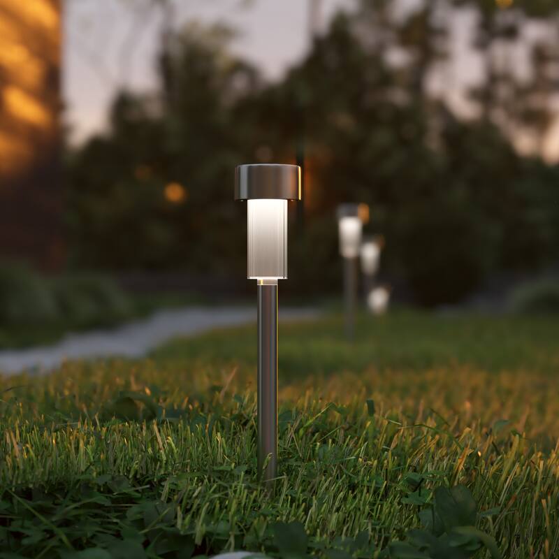 All - Weather Solar Powered Stainless Steel LED Landscaping Lights - Set of 12 - Stainless Steel