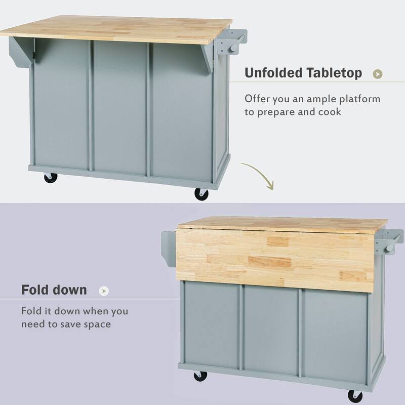 Kitchen Cart with Rubber wood Drop-Leaf Countertop