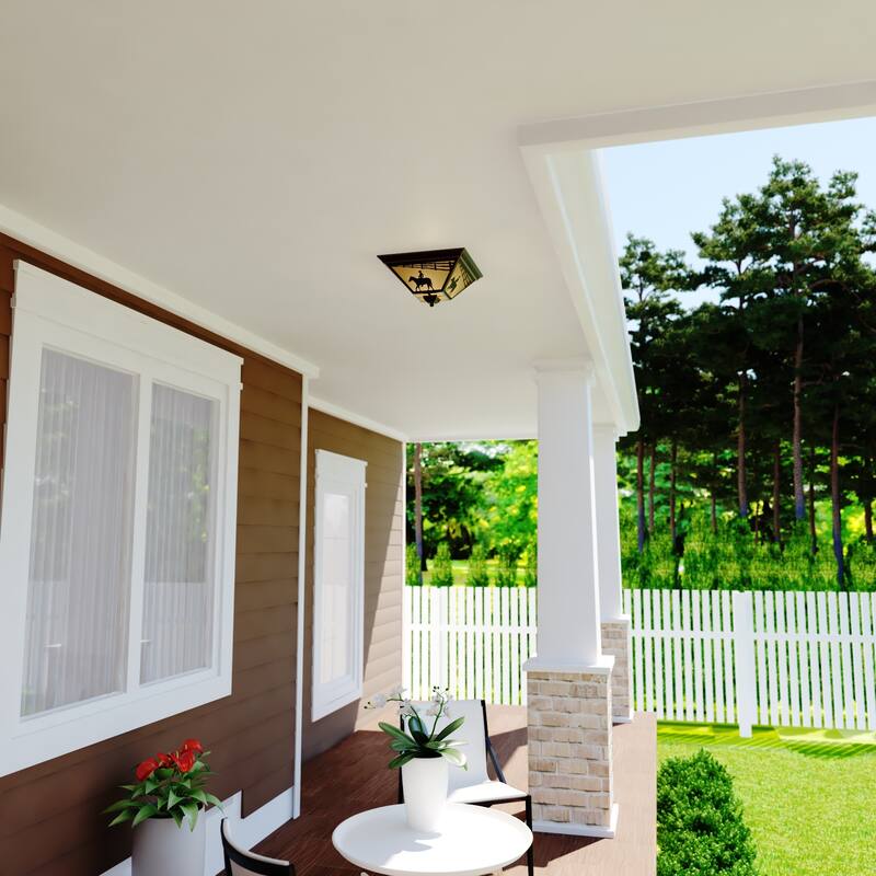 Trail Bronze Rustic Horse Cowboy Square Outdoor Flush Mount Ceiling Light - 14-in W x 7-in H x 14-in D