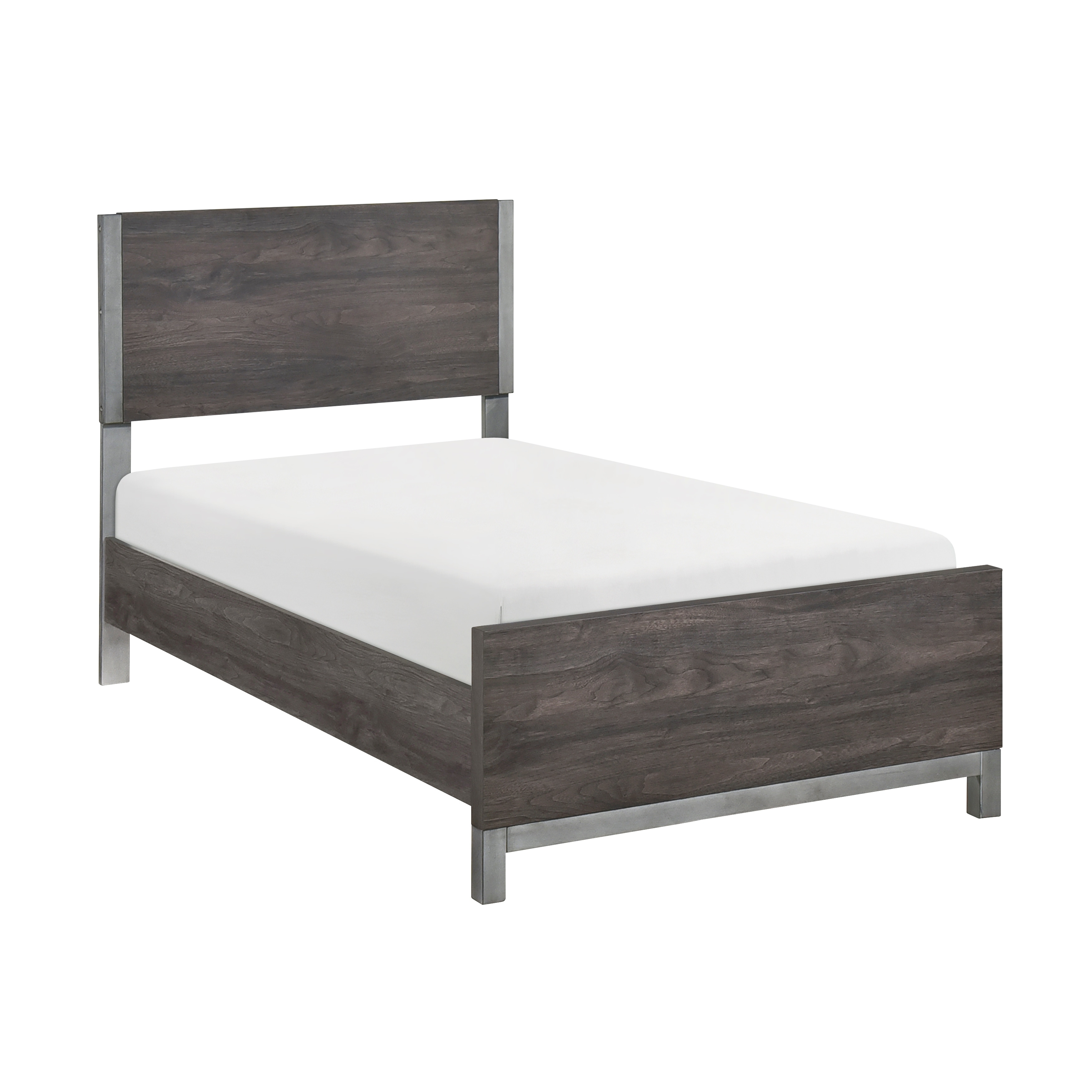 Twin Size Wood Panel Bed with Antique Silver Accents
