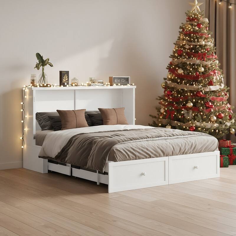 Mixoy Modern Queen Size Murphy Bed with USB ports,2 Drawers,No Mattress - White without Mattress - Queen