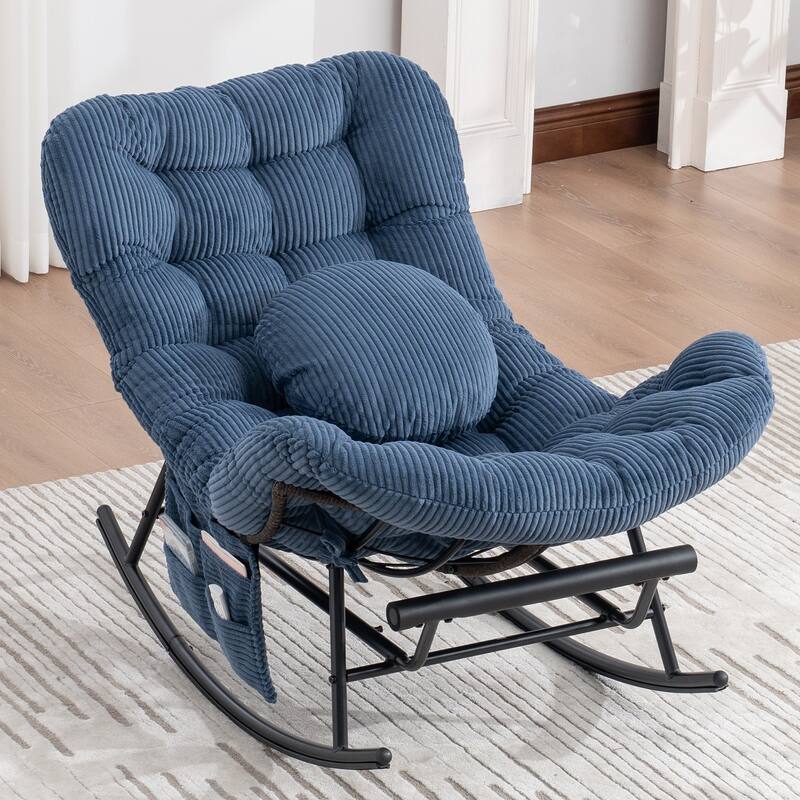 HOMEFUN Corduroy Upholstered Egg Shaped Design Steel Frame Rocking Chair with Side Pocket and Foot Pedal - Navy Blue