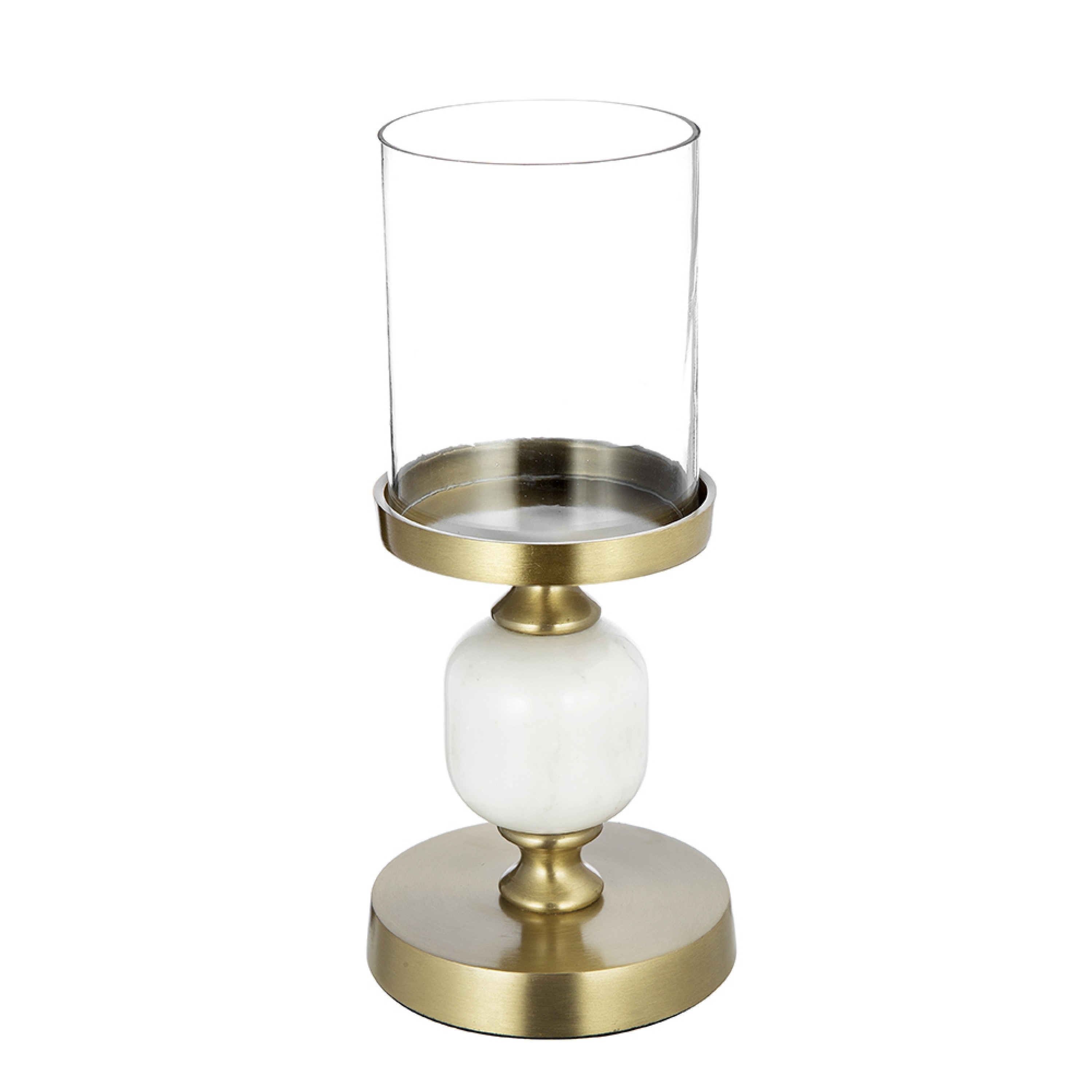 Kez Hurricane Candle Holder, White Marble, 11 Inch Turned Gold Accent