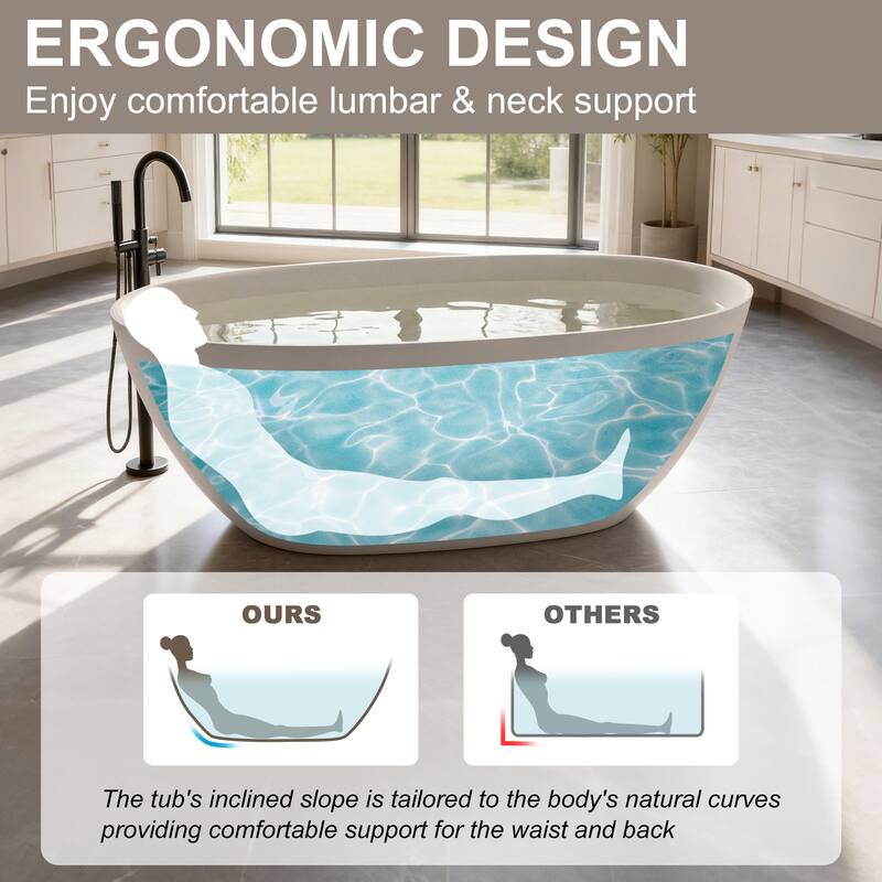 Luxury Solid Surface Freestanding Soaking Bathtub with Center Drain and Pop-up Drain, Modern Beige Tub with Overflow