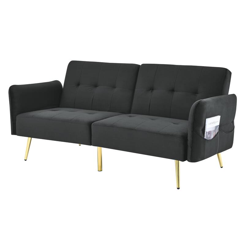 Italian Velvet Convertible Sleeper Sofa Bed with with Folded Armrests and Storage Bags