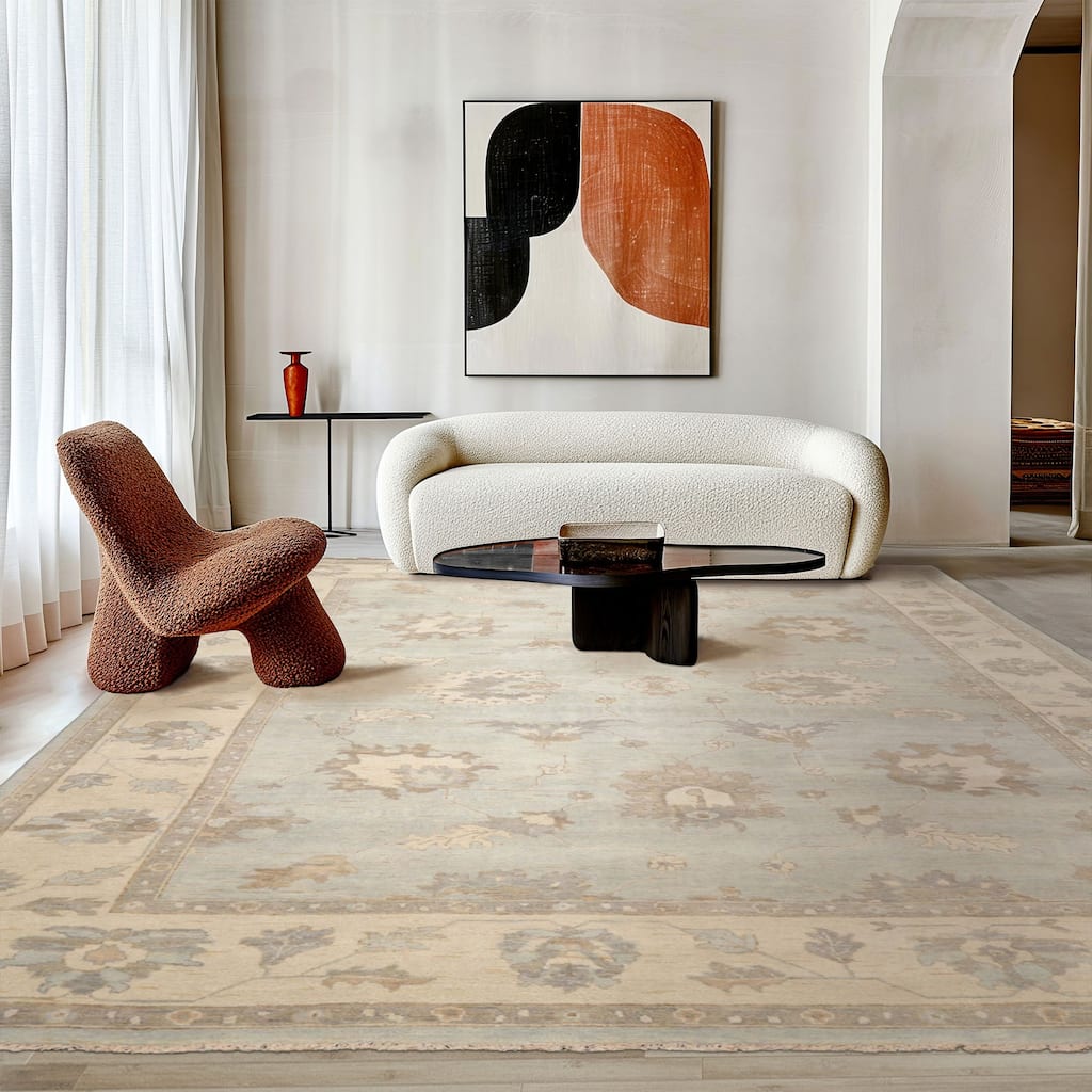 Multi Size Hand Knotted Mint Oushak Wool Area Rug Stone Wash Oriental