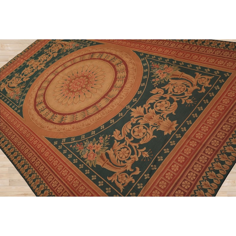 7'4''x11'7'' Hand Woven Wool Teal French Needlepoint Flatweave Area Rug - 7' 4'' x 11' 7''