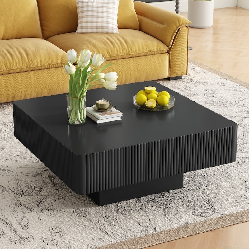 31.6" Modern Elegant Square Fluted Coffee Table with 7.1" Thick Tabletop - Black