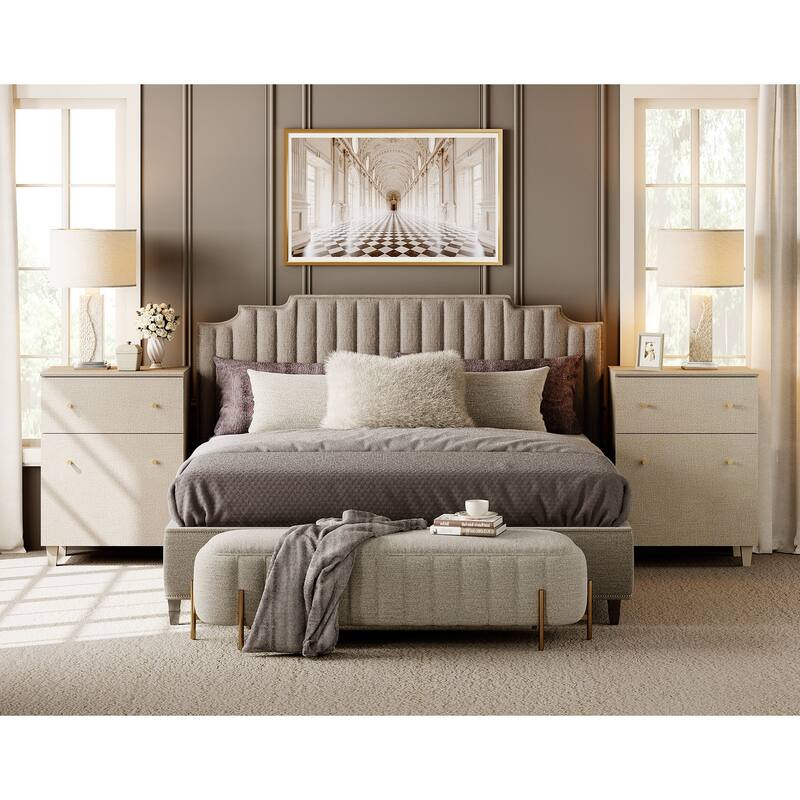 Large Nightstand with Drawer and Cabinet for Bedroom - Beige-2 Packs