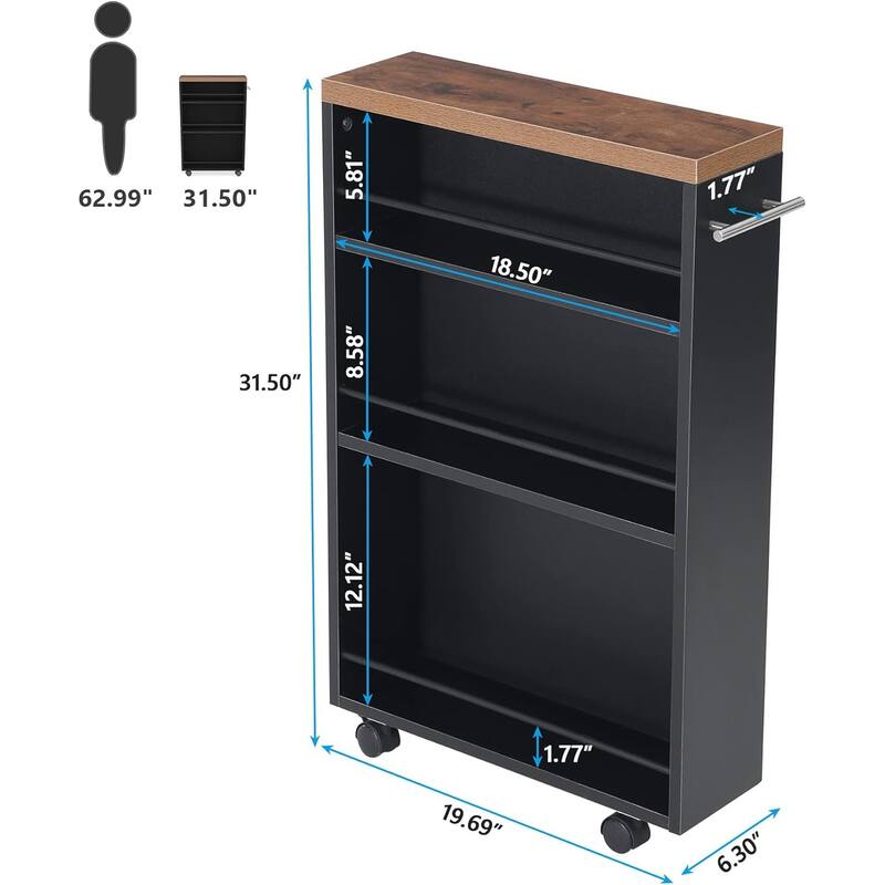 20" 4-Tier Narrow Rolling Kitchen Utility Cart Brown & Black Finish