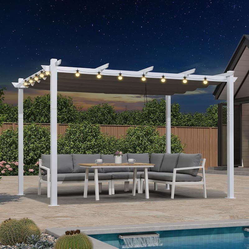 PURPLE LEAF Gazebo White Aluminium Outdoor Retractable Pergola with Canopy Cover - 10ft x 12ft(String Light ) - Grey