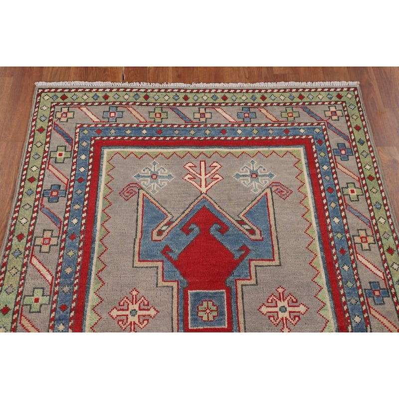 Kazak Foyer Rug Handmade Traditional Grey Wool Carpet - 3'4" x 4'9"