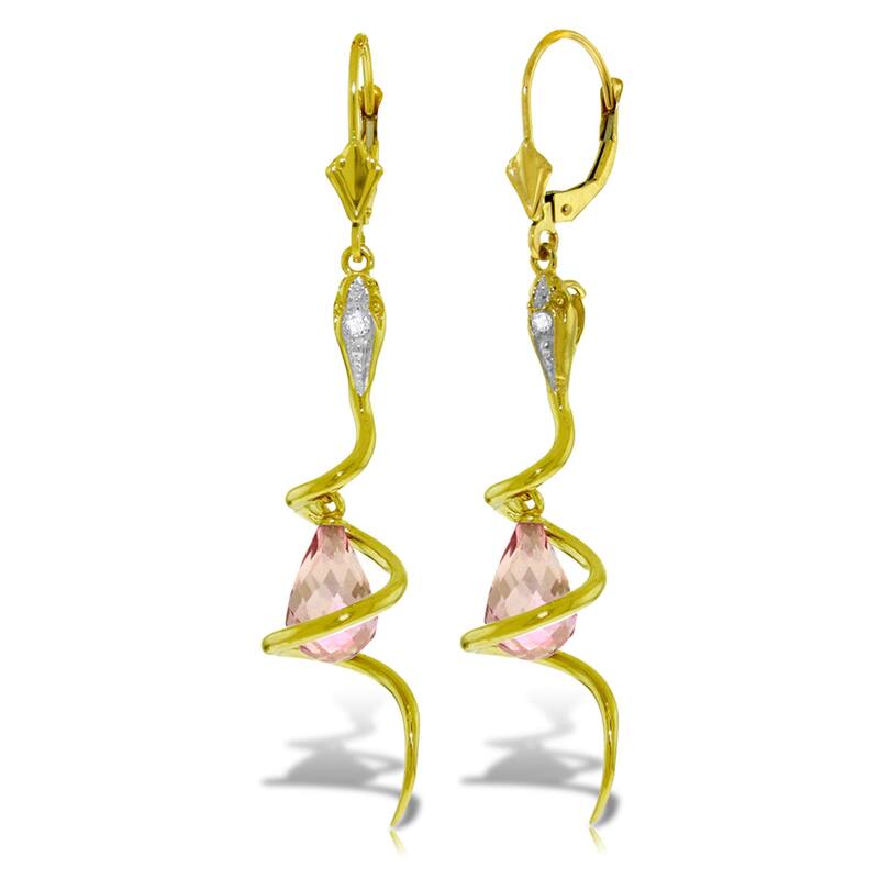 14K Solid Gold Snake Earrings w/ Briolette Pink Topaz & Diamonds - Yellow