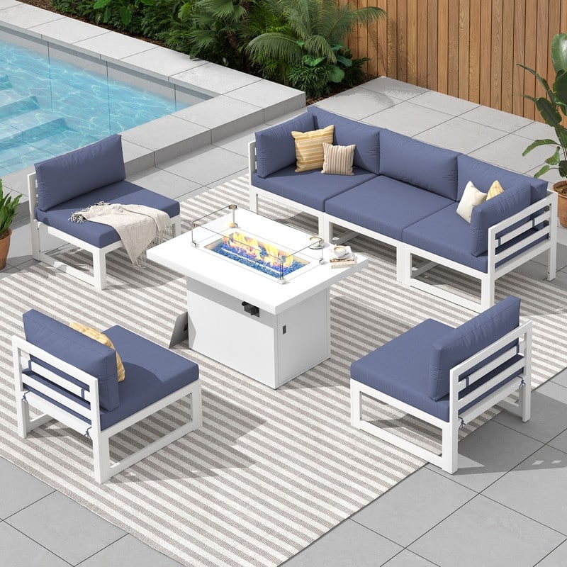 FINCATI White Aluminum Modern Patio Furniture Sectional Sofa Set with Cushion - 7 Pieces-A - Demin Blue