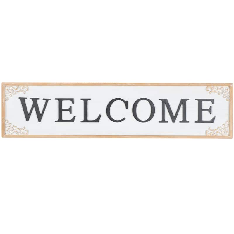 Wooden Sign Welcome Wall Decor with Scroll Details - White - Roche River Decor
