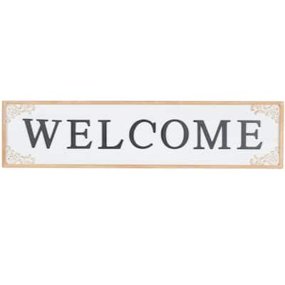 Wooden Sign Welcome Wall Decor with Scroll Details - White - Roche River Decor