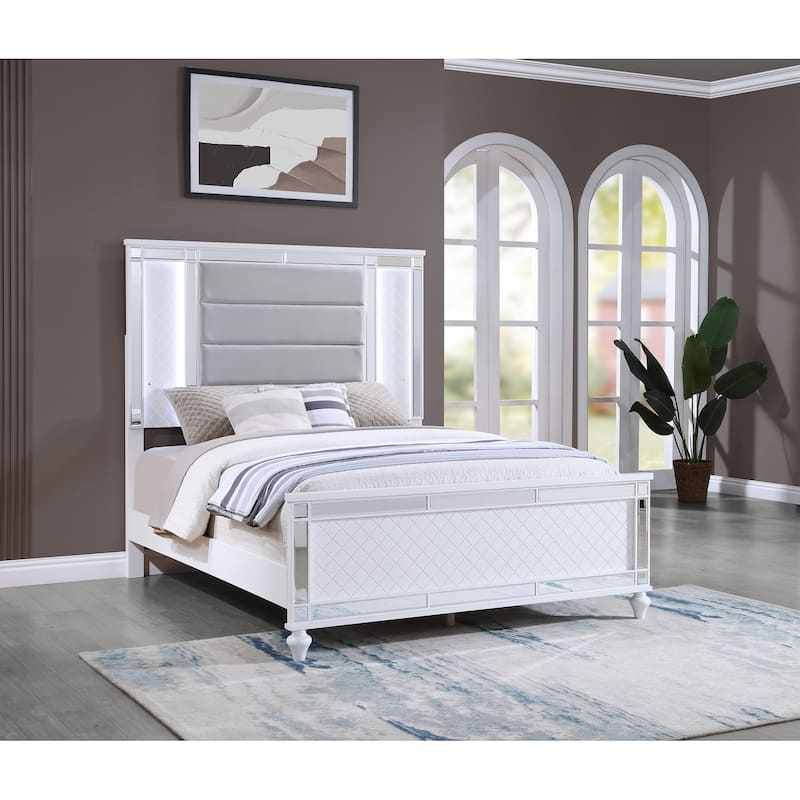 Livorno White Wood Frame Bed with LED Headboard