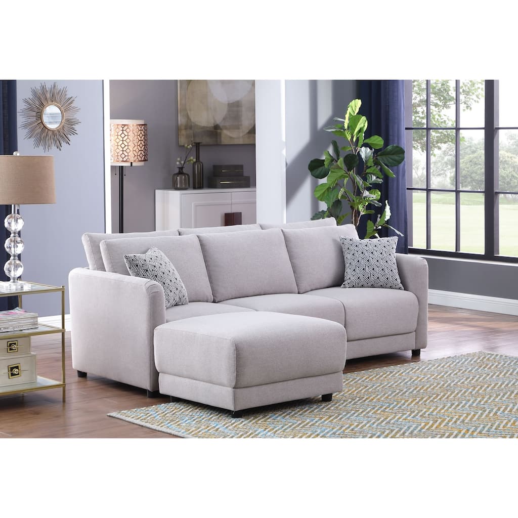 Linen Upholstered Sofa with Ottoman in Light Gray