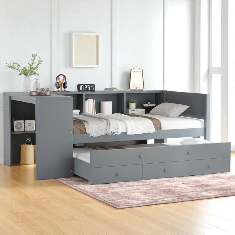 Twin/Full Size Wood Daybed with Trundle, Storage Drawers, Shelves and Built-in Desk, No Box Spring Needed - Grey - Twin