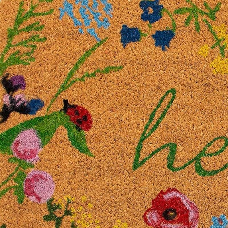 HomeRoots 17" X 29" Natural and Green Coir Floral Hello Outdoor Door Mat - 17.00' X '29.00