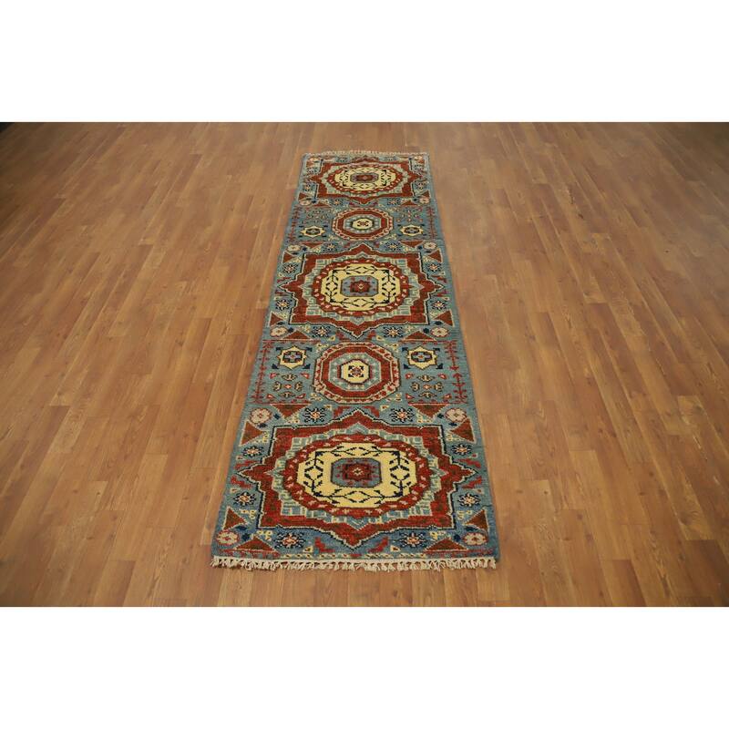 Hand Knotted Oriental 100% Wool Carpet Traditional Geometric Navy Blue & Blues Kazak Runner Rug - 7' 11'' X 2' 5''