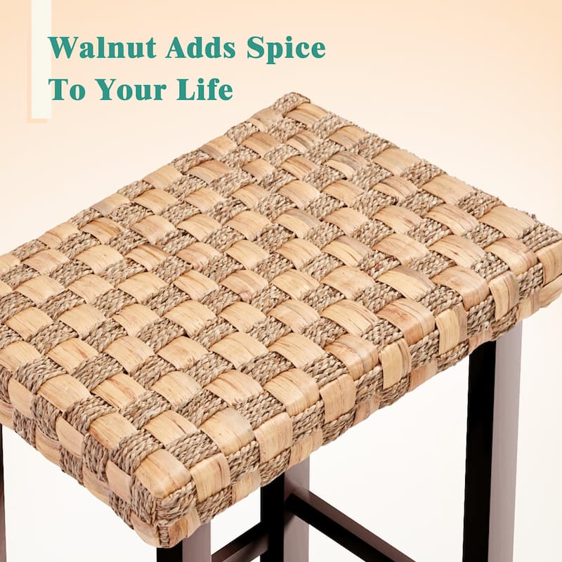 Set of 3 Handwoven Seagrass Bar Stools - 26.3" Height Adjustable, Solid Rubberwood Legs