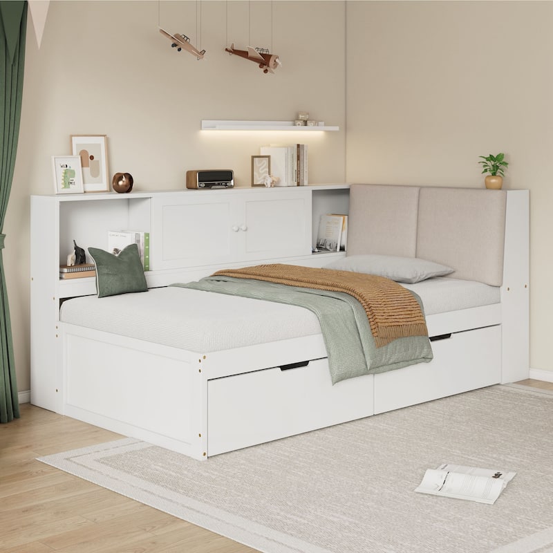 Wooden Twin Size L-shaped Daybed Corner Bed Under-bed Drawers with Storage Bookcase and Upholstered Headboard - White