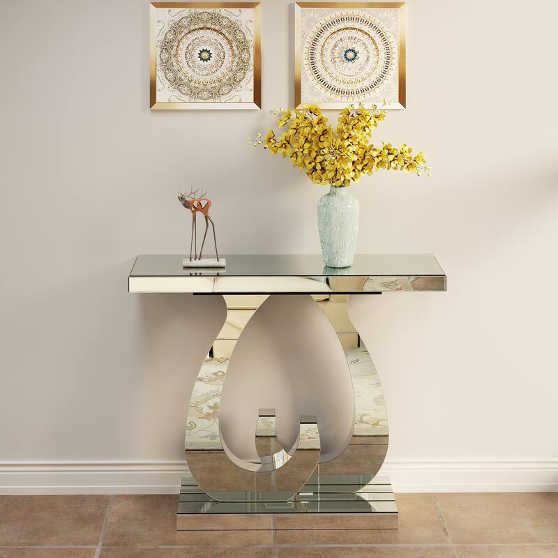 Modern Mirrored 39.37" Console Table, Glass Sofa Table with C-Shaped Base for Stylish Living Room Decor